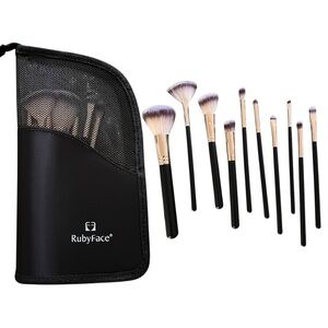 Ruby Face 10 Ten Piece Black Makeup Brush Slot Set Travel Storage Carrying Case